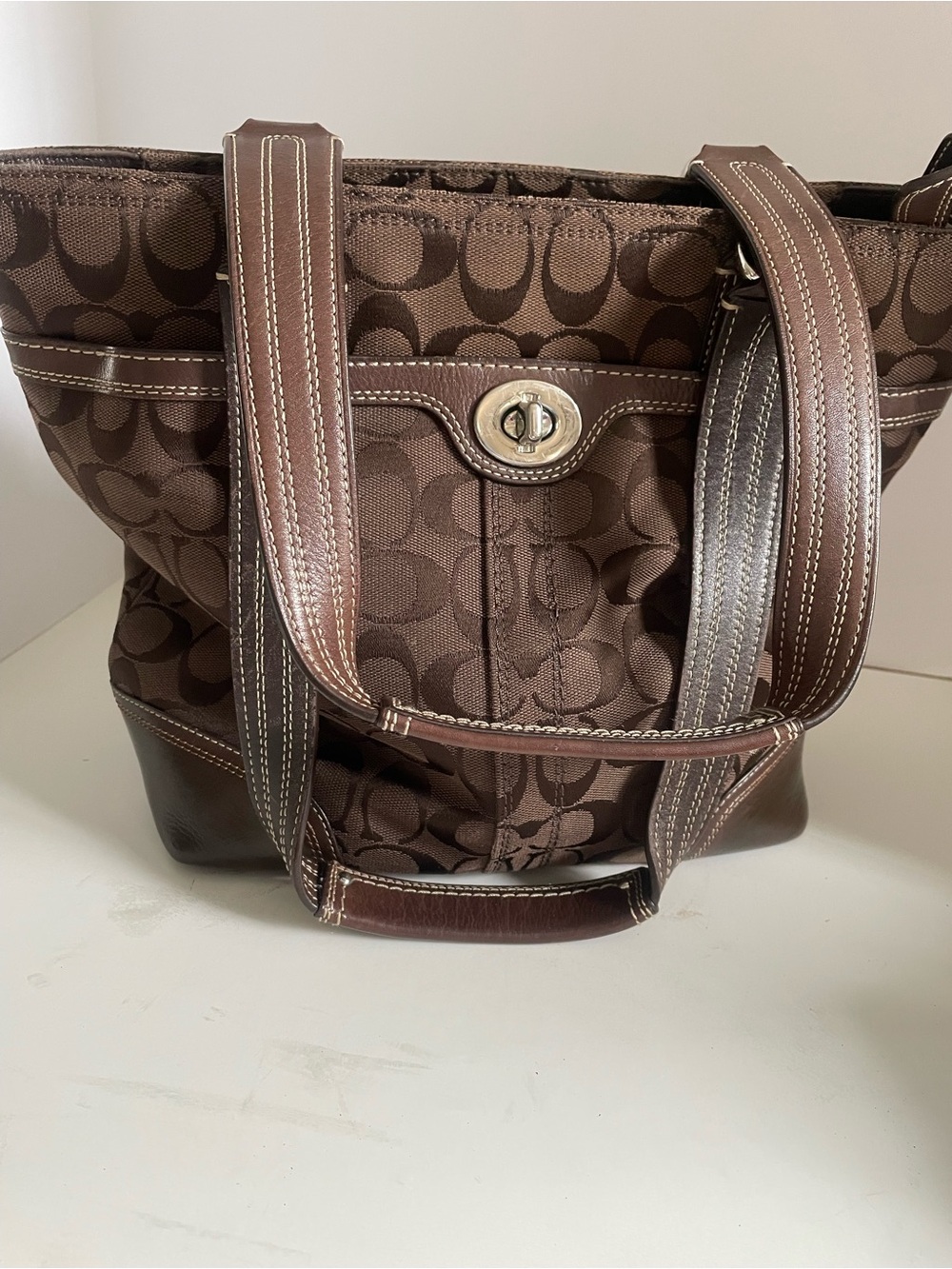 Coach Hamptons Brown Signature Canvas Tote w/Leather Trim and Turn-Lock